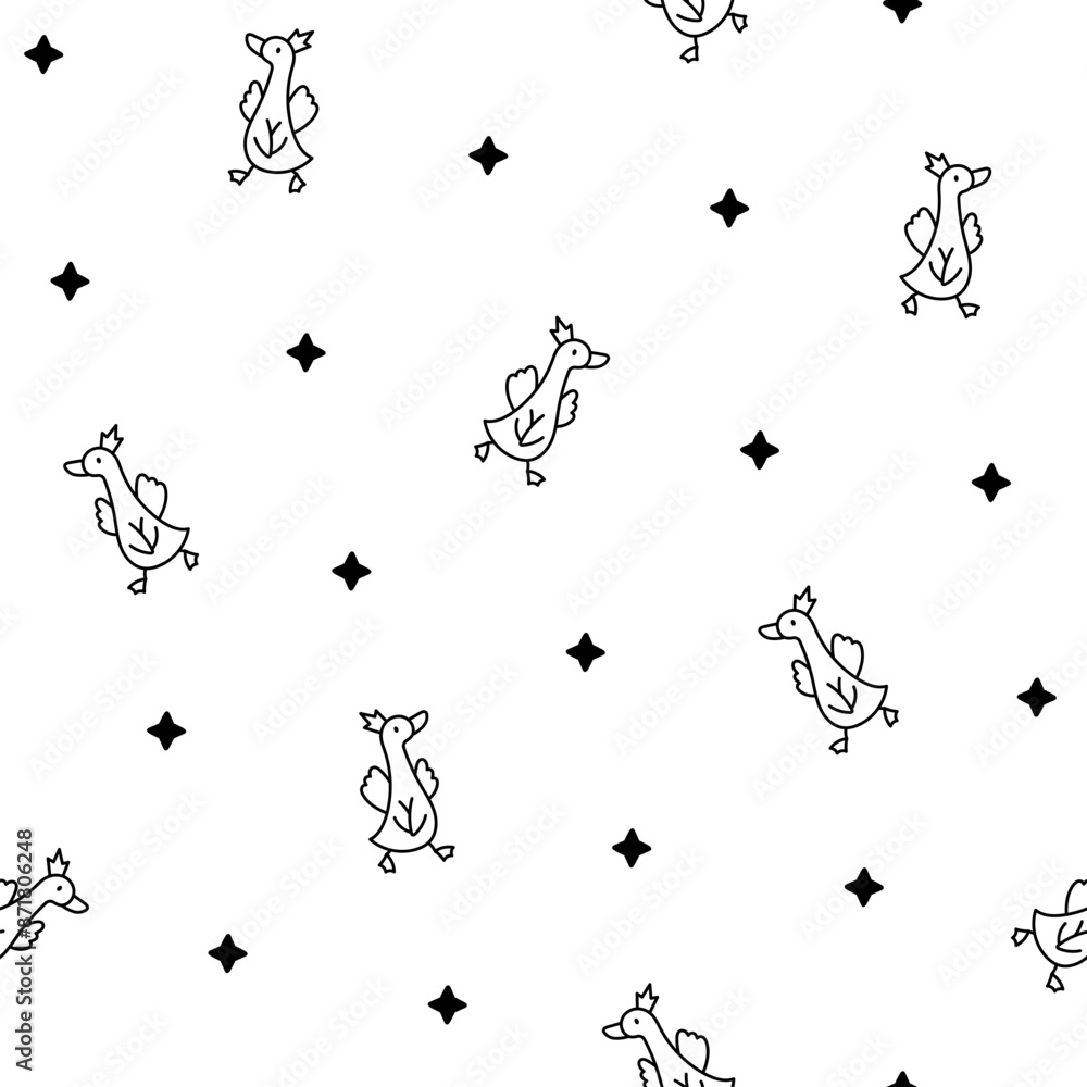 Funny goose characters. Seamless pattern. Coloring Page. Cute cartoon kawaii duck. Hand drawn style. Vector drawing. Design ornaments. Funny goose characters. Seamless pattern. Coloring Page. Cute cartoon kawaii duck. Hand drawn style. Vector drawing. Design ornaments.