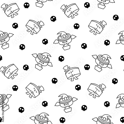 Cartoon kawaii drum character with sticks. Seamless pattern. Coloring Page. Funny musical personage with drumsticks. Hand drawn style. Vector drawing. Design ornaments.