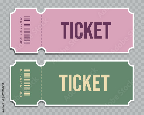 Vector ticket template. Theater, cinema ticket realistic vector template. Movie, raffle, carnival blank ticket with barcode and text space. Сasino, concert, game, party, event, festival.