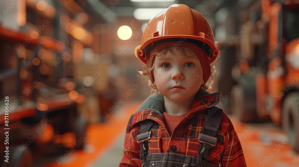 Child in warehouse with hard hat Child in warehouse with hard hat