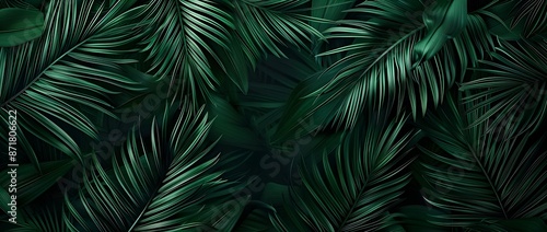 Dark green background with a seamless pattern of fine lines in the shape of palm leaves, creating an elegant and tropical-inspired design for various applications
