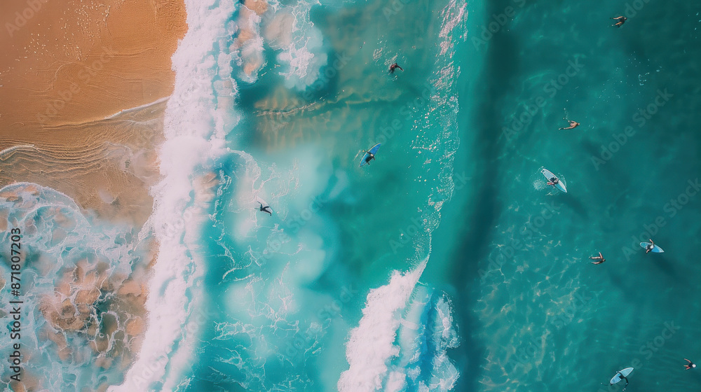 Fototapeta premium Surfers paddling out to catch waves at a popular beach
