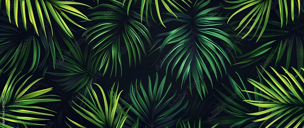 Hand drawn line art seamless pattern of green palm leaves on dark background, vector illustration, simple lines, green color palette Hand drawn line art seamless pattern of green palm leaves on dark background, vector illustration, simple lines, green color palette