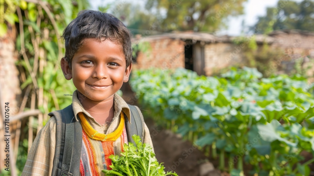 Happy indian boy with backpack going to school in rural india, emphasizing child education Happy indian boy with backpack going to school in rural india, emphasizing child education