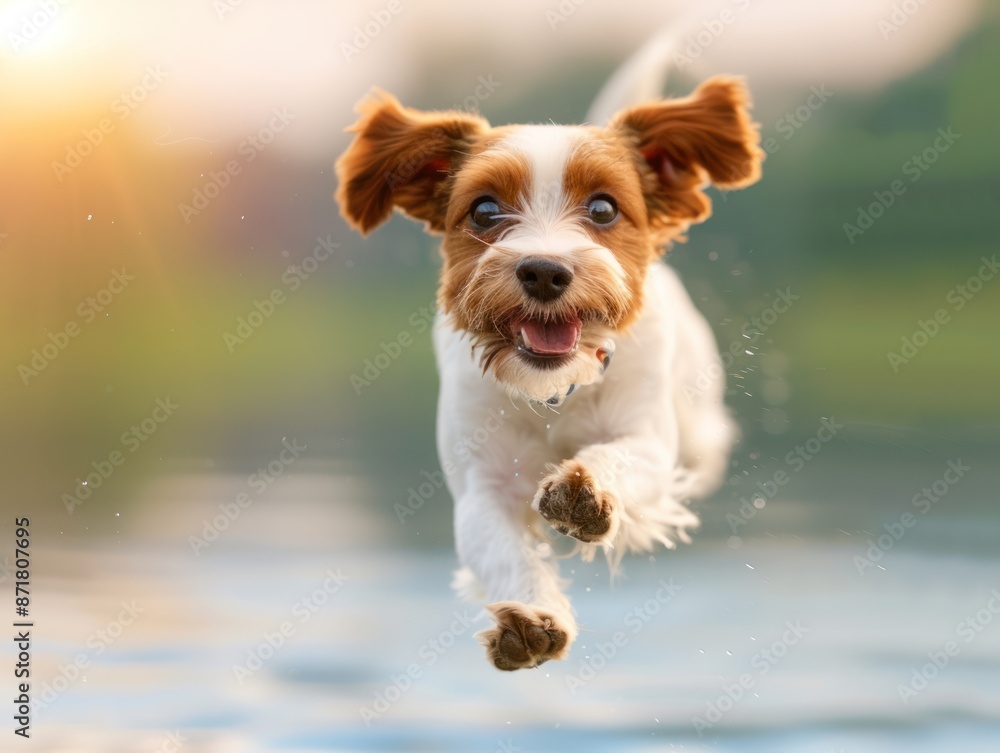 Showcasing energy of a jumping dog selective focus, vitality, surreal, Blend mode, Countryside lake