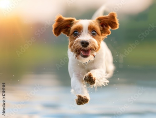 Obraz na płótnie Showcasing energy of a jumping dog selective focus, vitality, surreal, Blend mode, Countryside lake w salonie