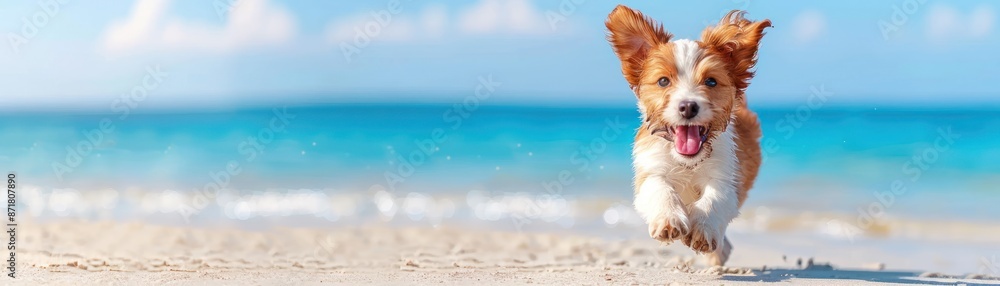 Joyfully leaping dog enjoying summer selective focus, theme of playfulness, dynamic, Composite, Lake shore