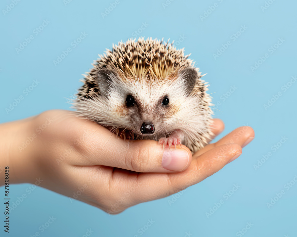 Hands gently holding a small hedgehog with a blue background close up, tender care, vibrant, Composite, garden backdrop