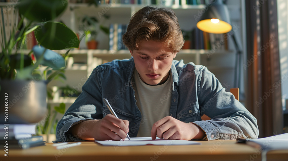 Focused Student Writing Notes at Desk in Bright Home Office with Plants and Books in Background Focused Student Writing Notes at Desk in Bright Home Office with Plants and Books in Background