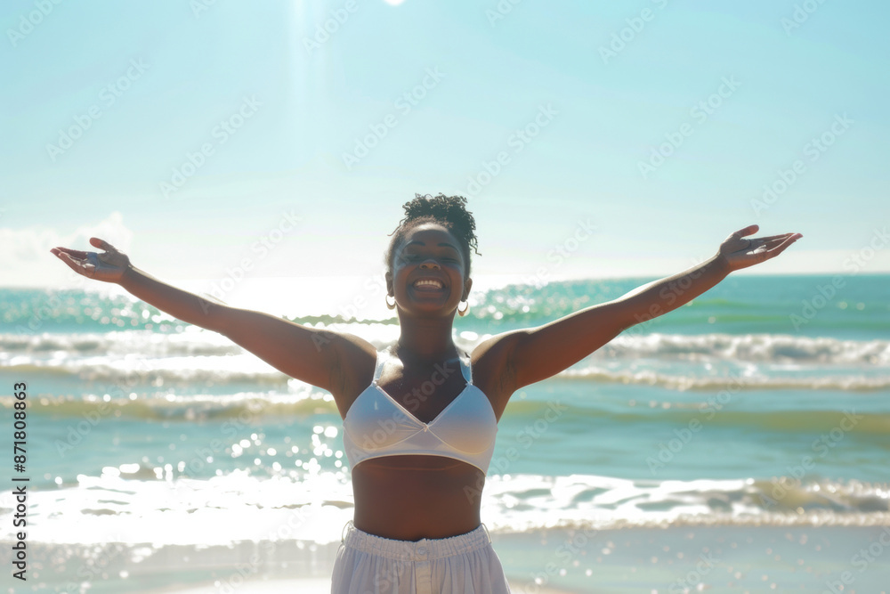 Black woman embraces sunny beach day with open arms Black woman embraces sunny beach day with open arms