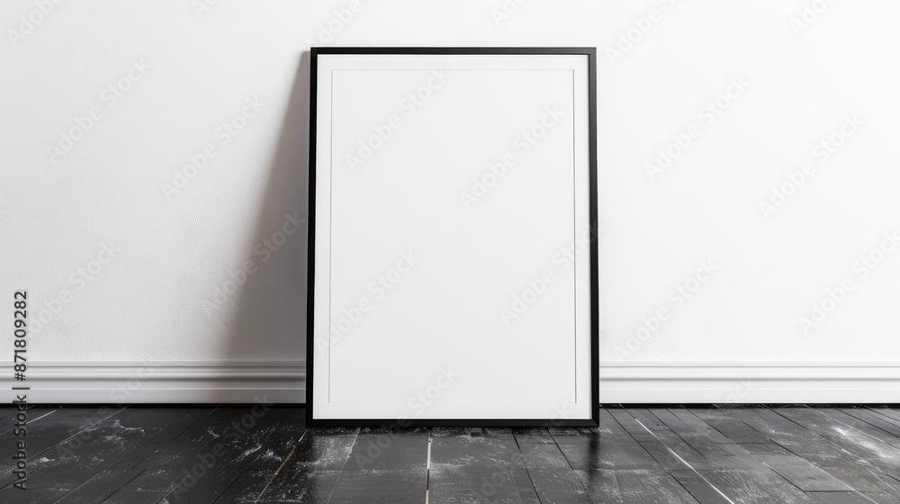 A simple, minimalist blank vertical poster frame is leaning against the wall on an empty dark wooden floor with white walls in the background. Copy space. A simple, minimalist blank vertical poster frame is leaning against the wall on an empty dark wooden floor with white walls in the background. Copy space.