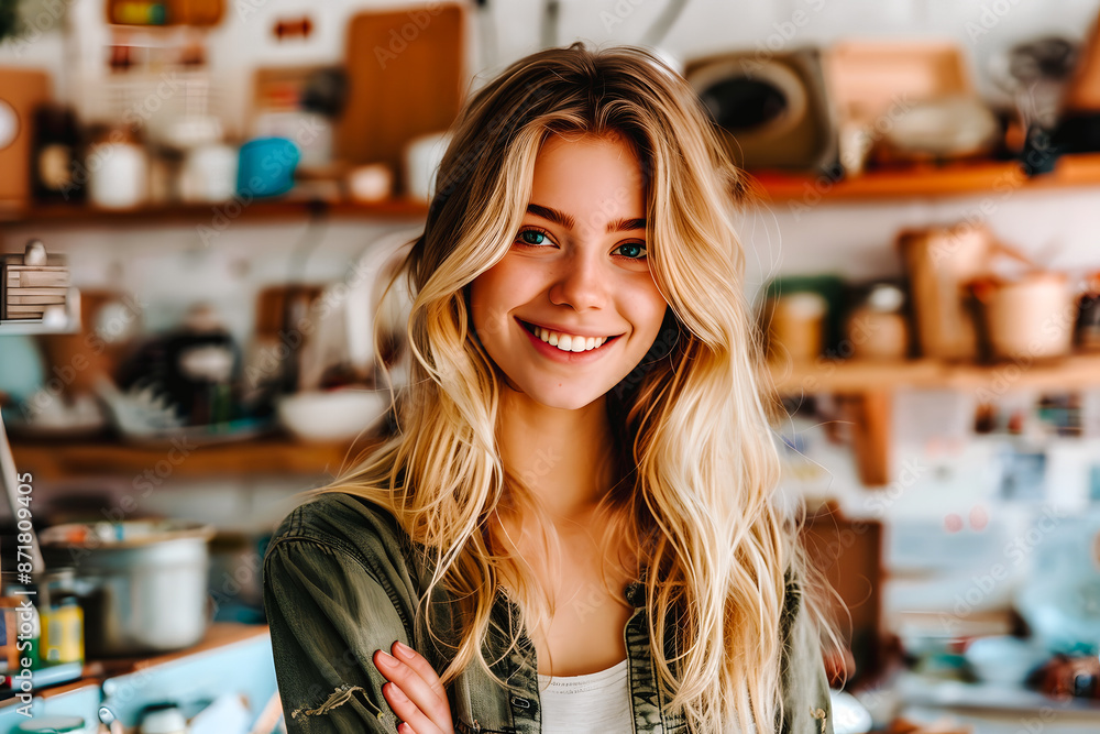 Jeune femme souriante blonde dans un magasin Jeune femme souriante blonde dans un magasin