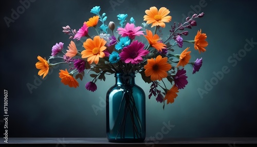 Flowers in bottle abstract background with matellic colours behind dark photo