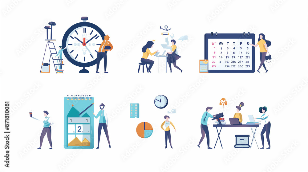 Time Management and Schedule Planning, Organizing Work and Life, Daily Task Organization, Flat Cartoon Vector Illustration Set, Efficient Time Use, Characters Managing Tasks and Calendar Markings Time Management and Schedule Planning, Organizing Work and Life, Daily Task Organization, Flat Cartoon Vector Illustration Set, Efficient Time Use, Characters Managing Tasks and Calendar Markings