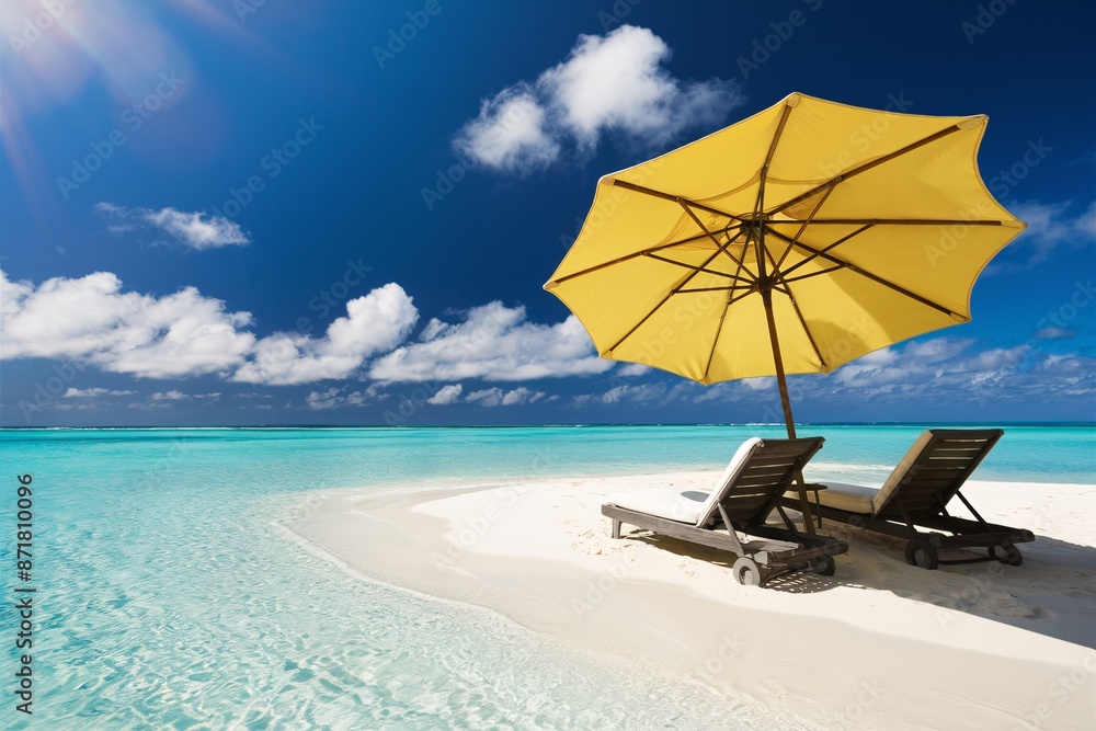 Sunny beach with umbrellas and chairs by the ocean Sunny beach with umbrellas and chairs by the ocean