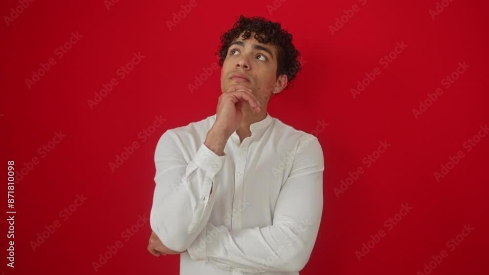 Thoughtful young hispanic man in shirt standing with hand on chin, serious face expressing confusion over an idea, isolated on red background Thoughtful young hispanic man in shirt standing with hand on chin, serious face expressing confusion over an idea, isolated on red background