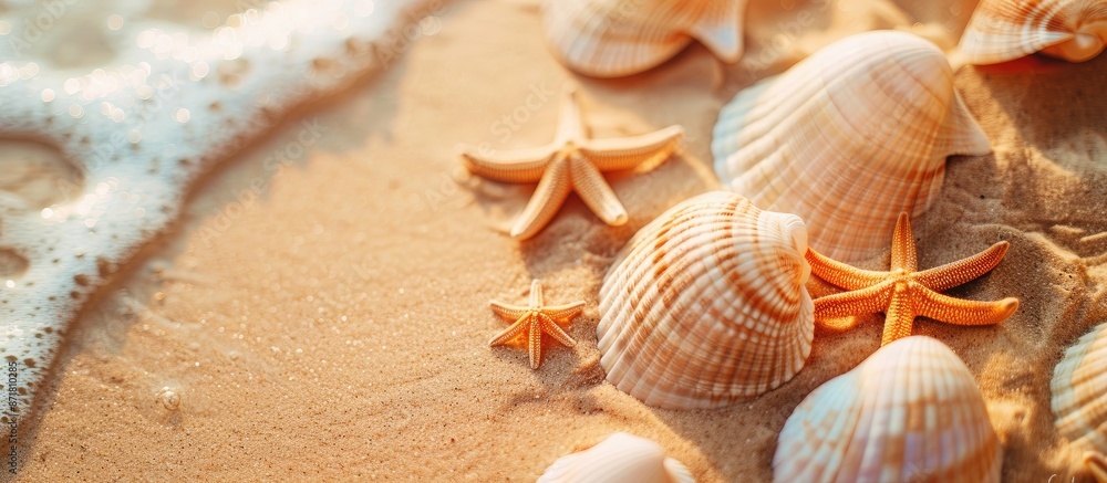 Seashells on beach sand create a scenic vacation and summer holidays copy space image.