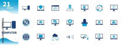 Computer icon. Set of icons of computer technology, cloud computing, artificial intelligence, internet, global, laptop. Solid vector icons