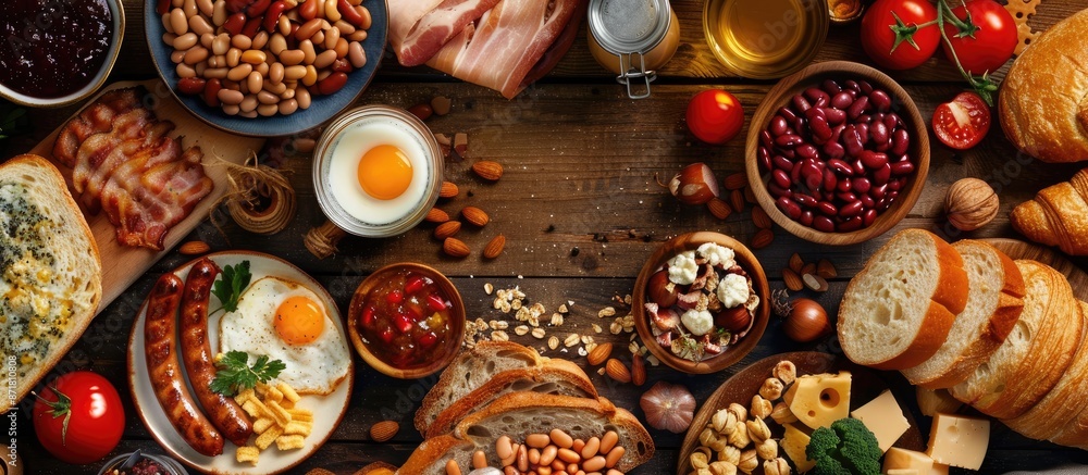 Aerial shot of a nutritious breakfast spread featuring eggs, sausages, bacon, beans, cheese, cereals, toast, nuts, jam, vegetables, croissants, with a focused view and room for text in the image Aerial shot of a nutritious breakfast spread featuring eggs, sausages, bacon, beans, cheese, cereals, toast, nuts, jam, vegetables, croissants, with a focused view and room for text in the image