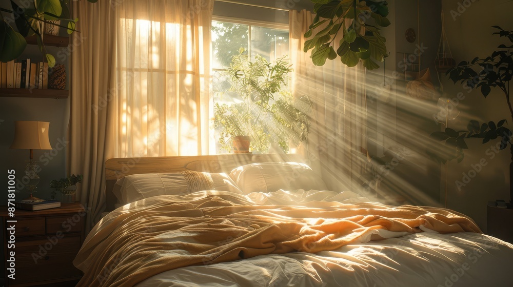 Sun rays shining through window into cozy bed