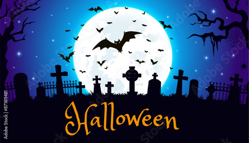 Halloween cemetery silhouette, vector banner. Night twilight graveyard landscape with black crooked trees, crosses, tombs, and scary flying bats on full moon background. Cartoon spooky greeting card