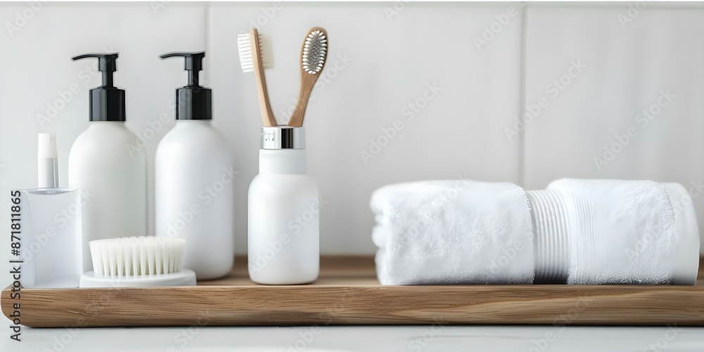 Modern Bathroom Shelf Displaying Dental Care Products. Concept Bathroom Organization, Dental Hygiene, Shelf Styling, Modern Decor, Self Care Essentials Modern Bathroom Shelf Displaying Dental Care Products. Concept Bathroom Organization, Dental Hygiene, Shelf Styling, Modern Decor, Self Care Essentials