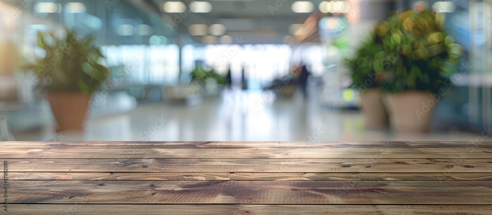 A clear wooden table with space for product display, set against a blurred airport passenger terminal background, ideal for a copy space image. A clear wooden table with space for product display, set against a blurred airport passenger terminal background, ideal for a copy space image.