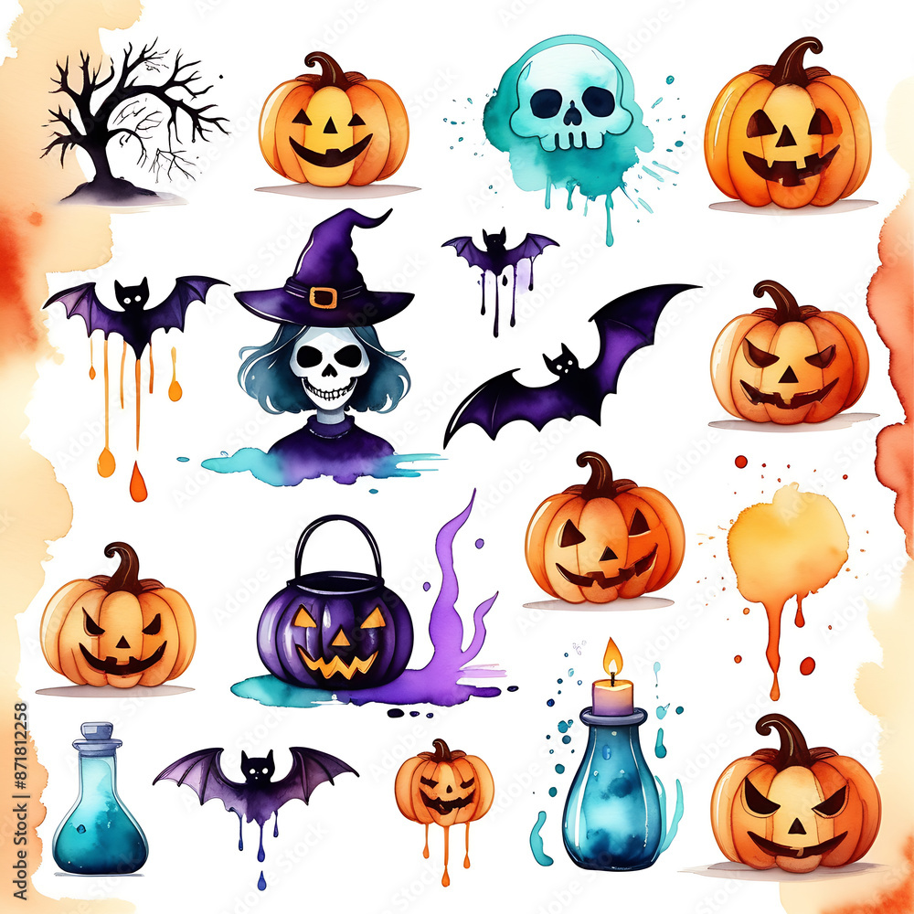 Halloween icons set in water color style. light background Halloween icons set in water color style. light background