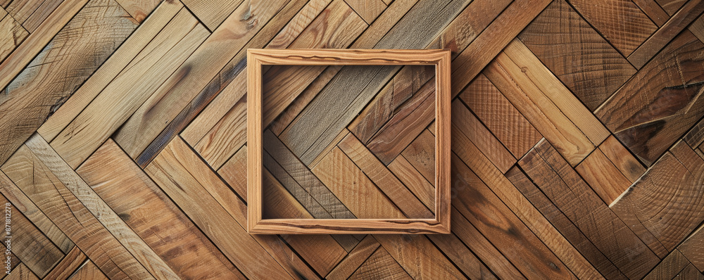 A simple, square wooden picture frame with a natural finish, placed on a herringbone wooden background. The geometric patterns of the herringbone design add depth and interest to the composition. A simple, square wooden picture frame with a natural finish, placed on a herringbone wooden background. The geometric patterns of the herringbone design add depth and interest to the composition.