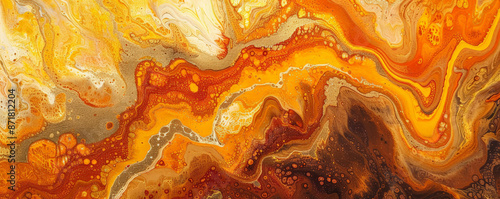 Liquid acrylic paint in warm tones of orange, yellow, and gold, forming a dynamic, swirling texture. The colors merge and separate, creating intricate patterns and vibrant contrasts.