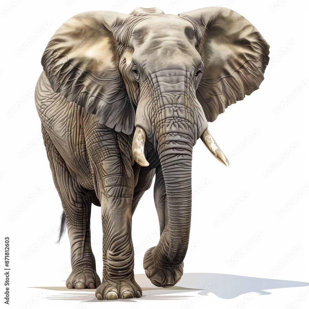 Fototapeta premium A large elephant is walking across a white background