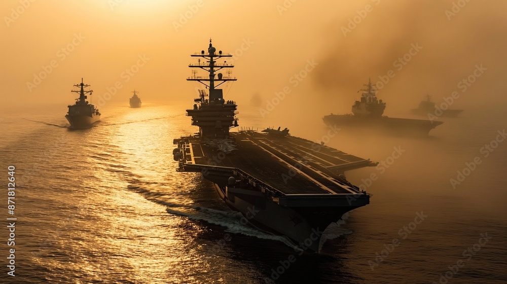 Majestic Naval Fleet Sailing at Sunset in Misty Seascape Majestic Naval Fleet Sailing at Sunset in Misty Seascape