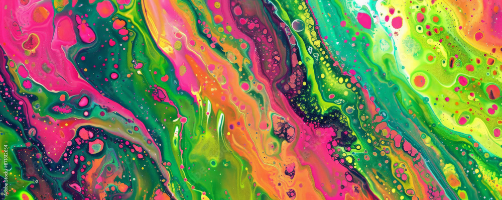 A vibrant mix of liquid acrylic paint in neon pinks and greens, creating a lively, swirling texture. The bright colors flow and merge, forming intricate patterns and striking contrasts. A vibrant mix of liquid acrylic paint in neon pinks and greens, creating a lively, swirling texture. The bright colors flow and merge, forming intricate patterns and striking contrasts.