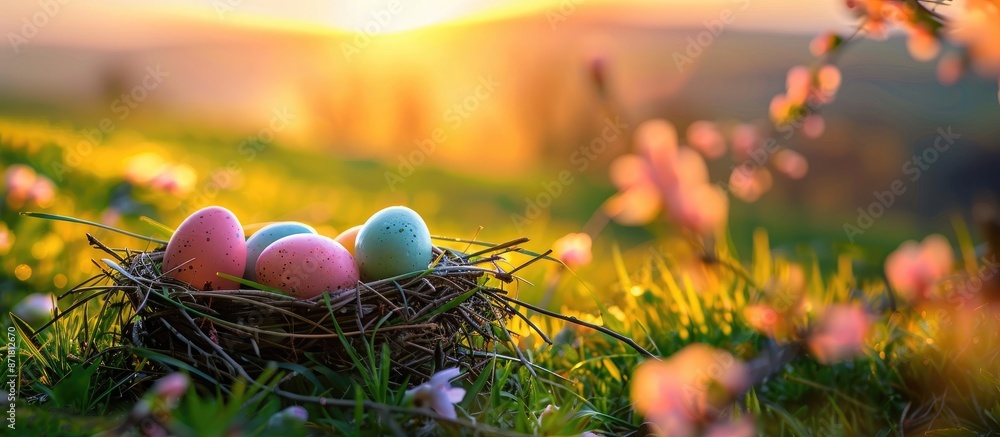 Easter greetings with vibrant Easter eggs nestled in a nest on lush green grass at sunset, against a picturesque backdrop with copy space image. Easter greetings with vibrant Easter eggs nestled in a nest on lush green grass at sunset, against a picturesque backdrop with copy space image.