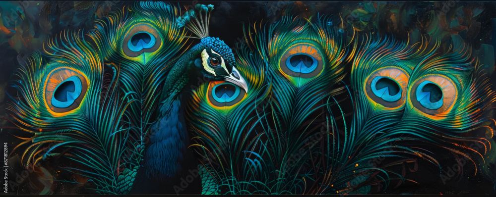 Obraz premium An artistic arrangement of peacock feathers with their iridescent blue and green eyespots, set against a dark background. The rich colors and intricate details create a captivating scene.