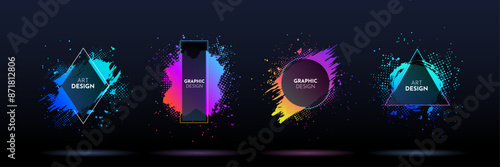 Vector illustration. Dynamic brush stroke frame, paint splashes and halftone dots. Element for design business card, event invitation, flyer, brochure, book or magazine cover. Modern art graphic