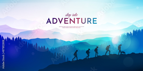 Vector illustration. Landscape scene with group of hikers and a dog. Travel concept of discovering, exploring and observing nature. Travelers climb with backpack and travel walking sticks. Hiking trip