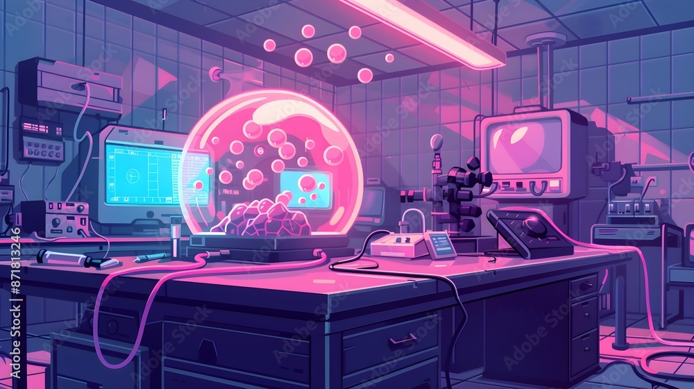 Transparent Cell with Neon Bubbles in a Retro Sci-Fi Lab Setting Transparent Cell with Neon Bubbles in a Retro Sci-Fi Lab Setting