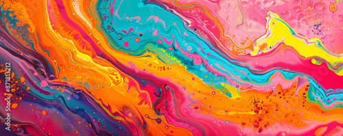 A vibrant mix of liquid acrylic paint in neon colors, creating a lively, swirling texture. The bright colors flow and merge, forming intricate patterns and striking contrasts.