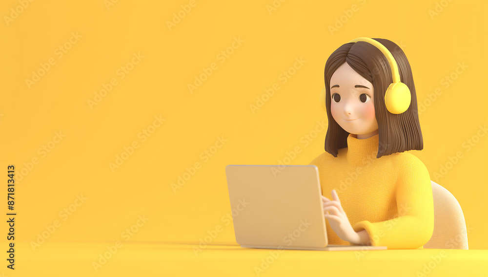 Young Woman with Headphones Working on Laptop Against Bright Yellow Background with Copy Space Young Woman with Headphones Working on Laptop Against Bright Yellow Background with Copy Space