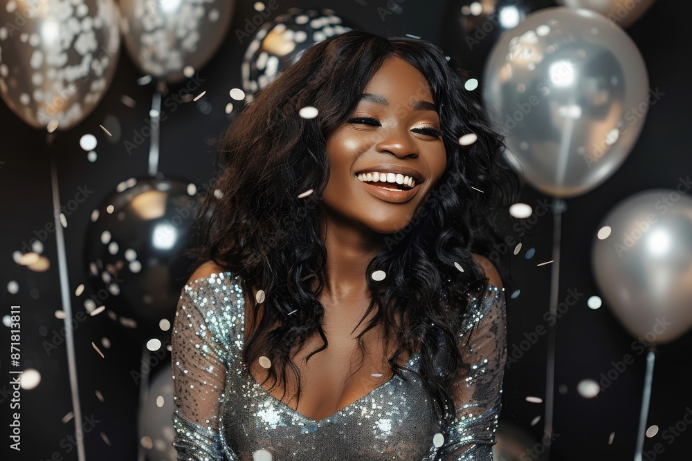 An African woman in a sparkling silver party dress is surrounded by festive balloons and confetti on dark background An African woman in a sparkling silver party dress is surrounded by festive balloons and confetti on dark background