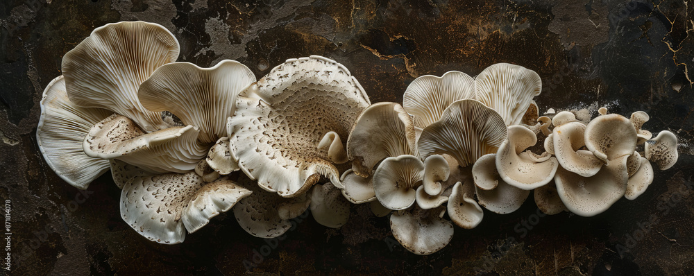 An artistic arrangement of mushrooms on a dark, textured background, their caps in shades of white and cream. The delicate details and natural forms create a visually appealing scene. An artistic arrangement of mushrooms on a dark, textured background, their caps in shades of white and cream. The delicate details and natural forms create a visually appealing scene.