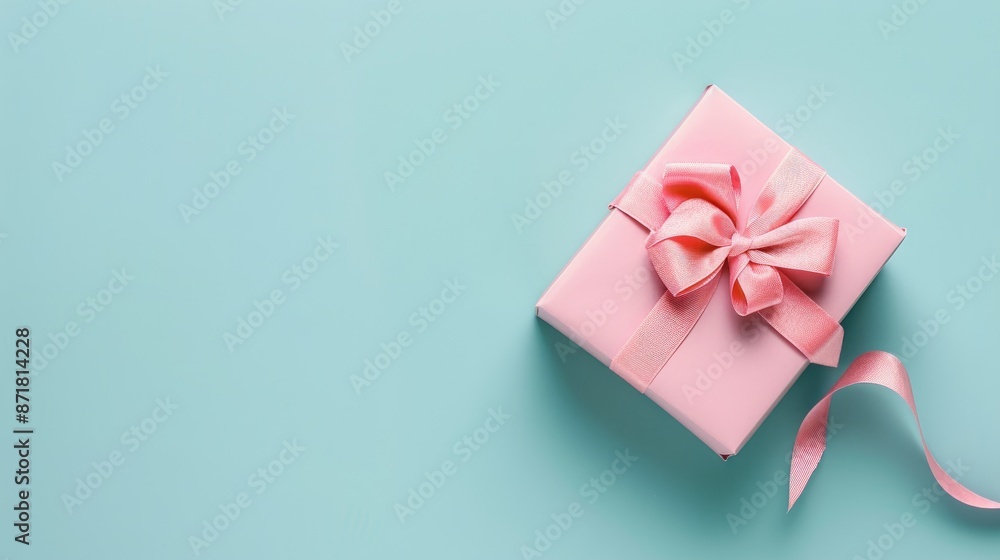 Pink gift box with ribbon on light blue background Top view with space for text Pink gift box with ribbon on light blue background Top view with space for text
