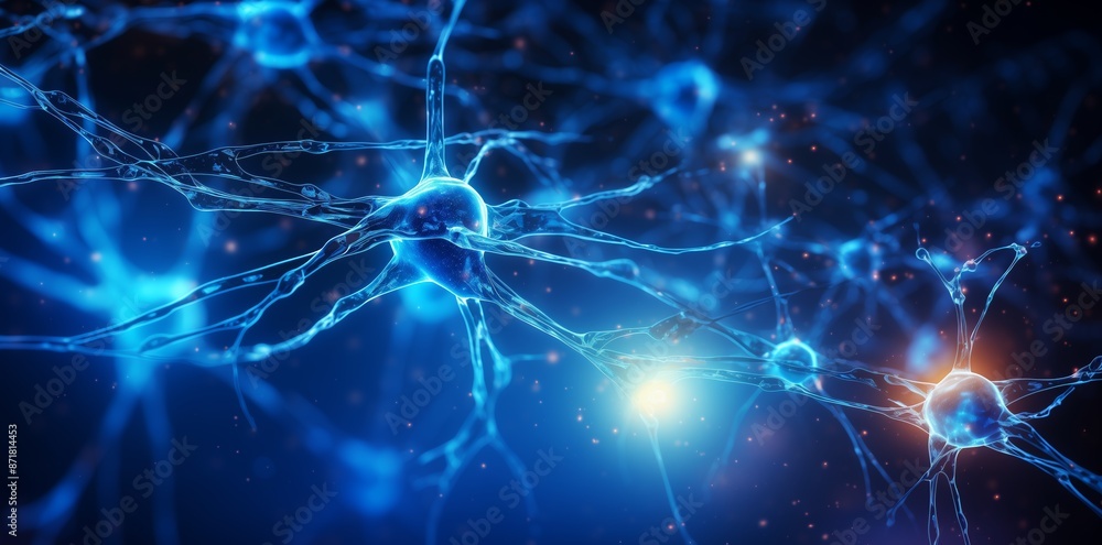 Abstract background with glowing blue neurons on a dark background, a 3D rendered illustration of a human brain cell network concept for science and medical research. Abstract background with glowing blue neurons on a dark background, a 3D rendered illustration of a human brain cell network concept for science and medical research.