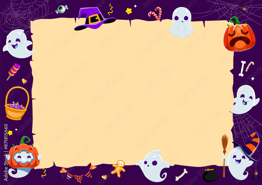 Fototapeta premium Halloween cute kawaii ghosts and vintage manuscript scroll, cartoon vector for holiday background. Funny boo ghosts with pumpkins, witch hat and trick or treat candy sweets in spiderweb on manuscript