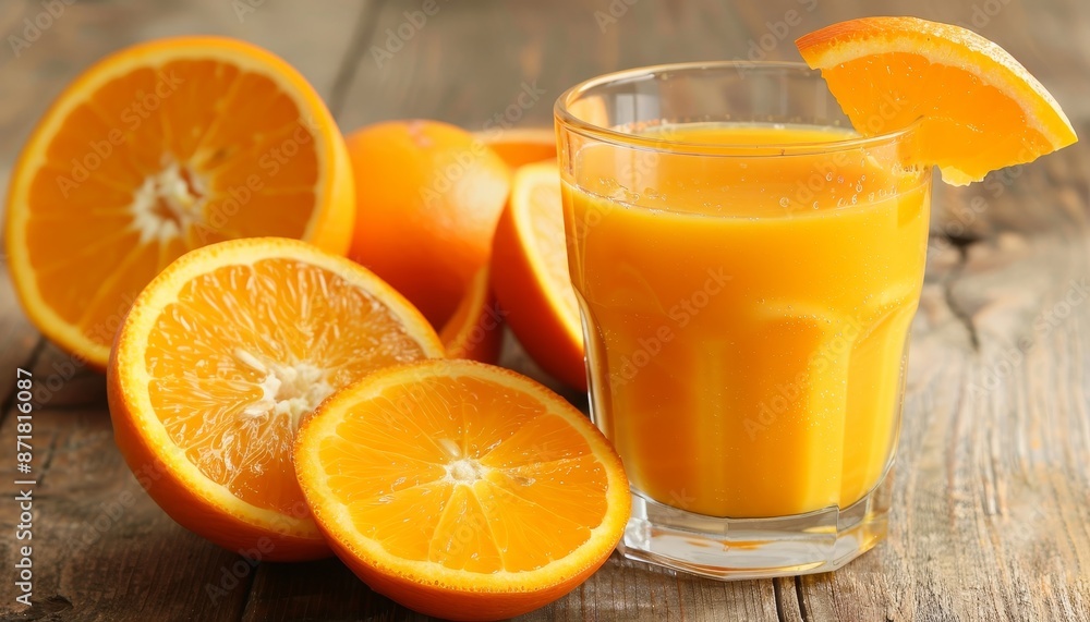 Close up view of a glass filled with refreshing fresh orange juice and slices of ripe oranges Close up view of a glass filled with refreshing fresh orange juice and slices of ripe oranges