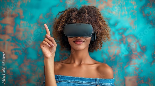 A young woman explores a digital universe, her finger pointing towards unseen wonders, fully immersed in a virtual reality experience.