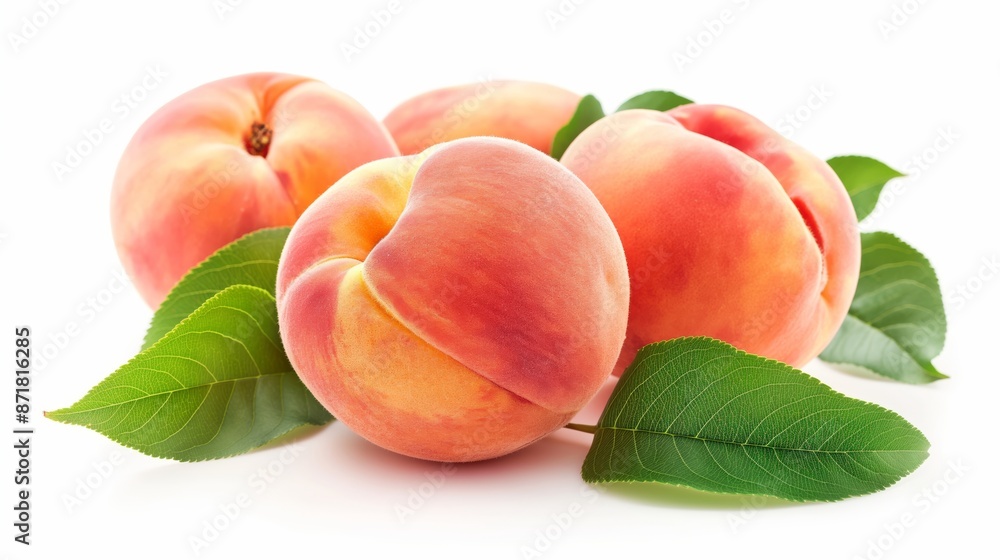 Juicy, ripe peaches with vibrant pink and orange hues rest on a pristine white background, exuding freshness. Juicy, ripe peaches with vibrant pink and orange hues rest on a pristine white background, exuding freshness.