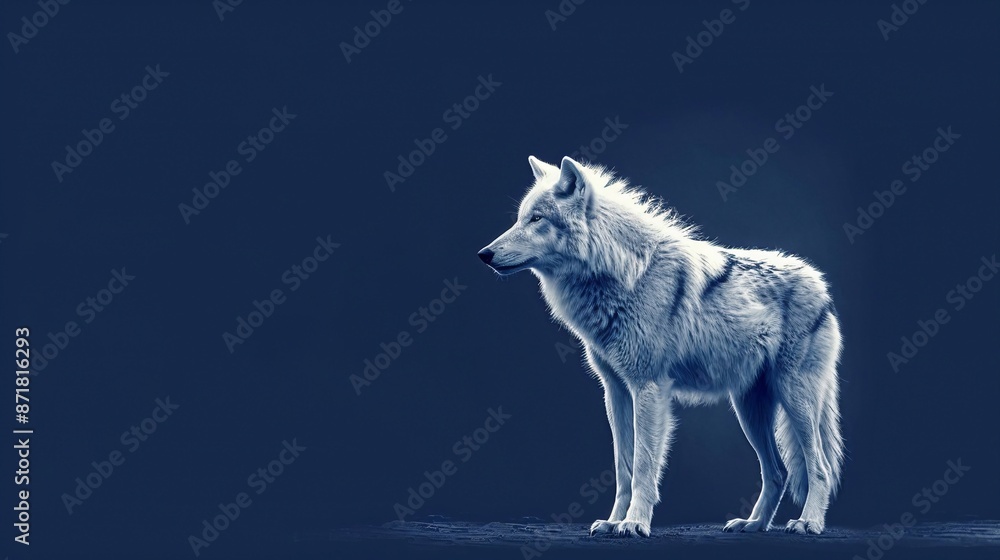 Naklejka premium Un lupo misterioso in piedi su uno sfondo blu scuro, con spazio per il testo