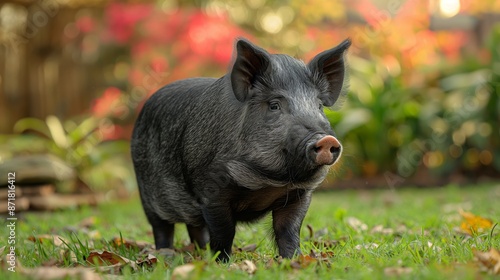A charming Vietnamese Pot-belly pig stands amidst lush greenery, displaying its sleek black coat and curious expression.